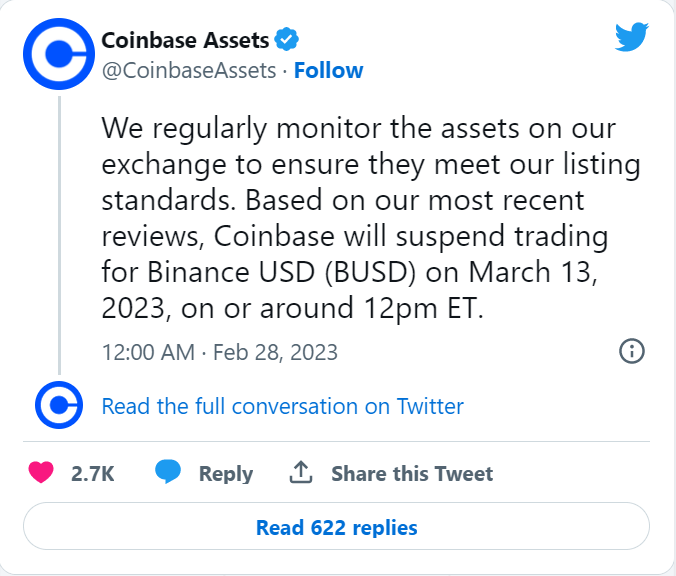 SEC监管重拳威慑下，Coinbase将暂停币安稳定币的交易